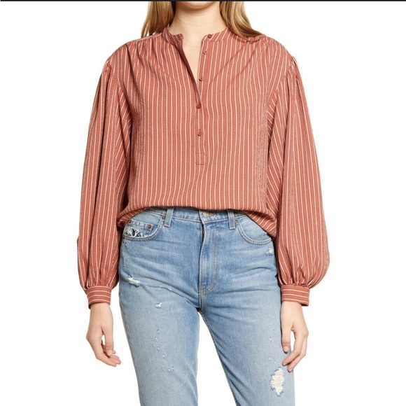 Treasure & Bond Tops - Treasure & Bond Red Stripe Shirred Balloon Sleeve Blouse